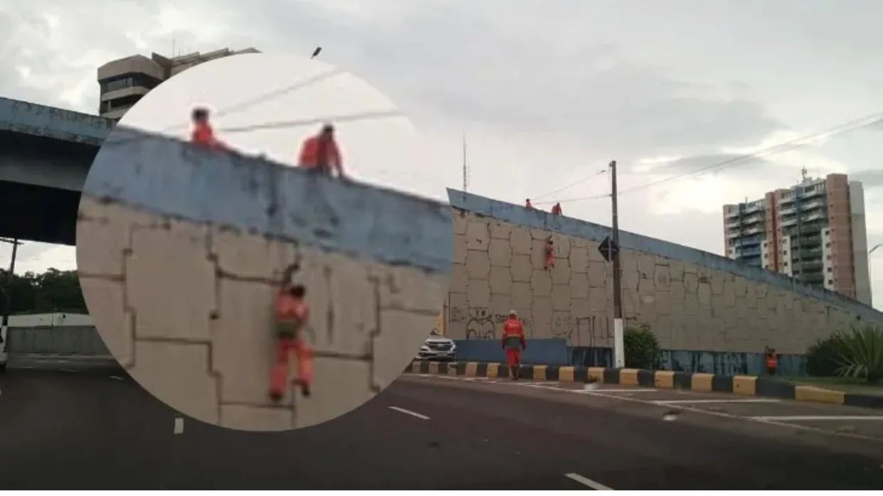 ‘Boa noite, Amazônia’: Trabalhador da limpeza pública é flagrado ‘pendurado’ sem equipamento de proteção em viaduto de Manaus