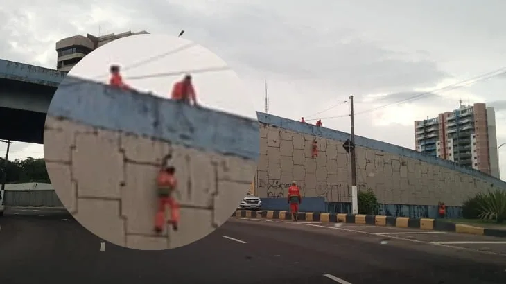  Gari é flagrado trabalhando ‘pendurado’, sem equipamentos de proteção, em viaduto de Manaus
